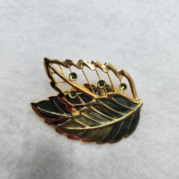 Vintage Kenneth Cole Leaf Enamal Rhinestone Brooch Pin Gold Tone Statement - Picture 1 of 5